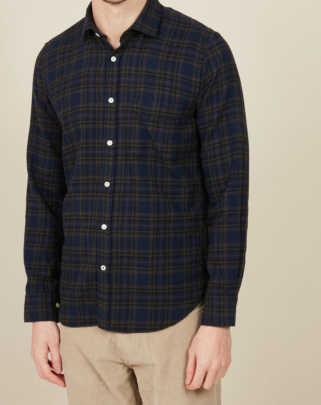 Hartford Chemise Slim en Flanelle de Coton Storm à carreaux marine/army