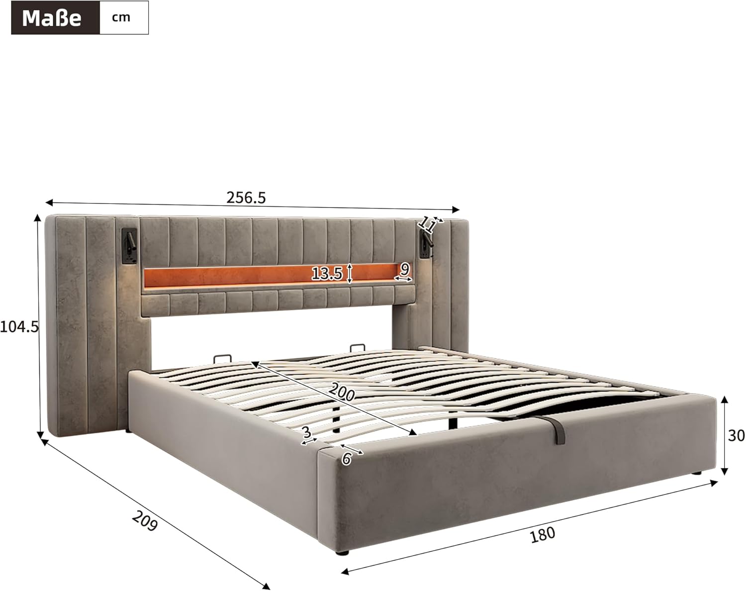 Kayan Polsterbett 180x200cm, Boxspringbett mit hydraulisches Bettkasten, Doppelbett mit LED-Kopfteil und Lattenrost, Leselicht mit USB Aufladen, Stauraumbett Jugendbett Bettgestell, Samt