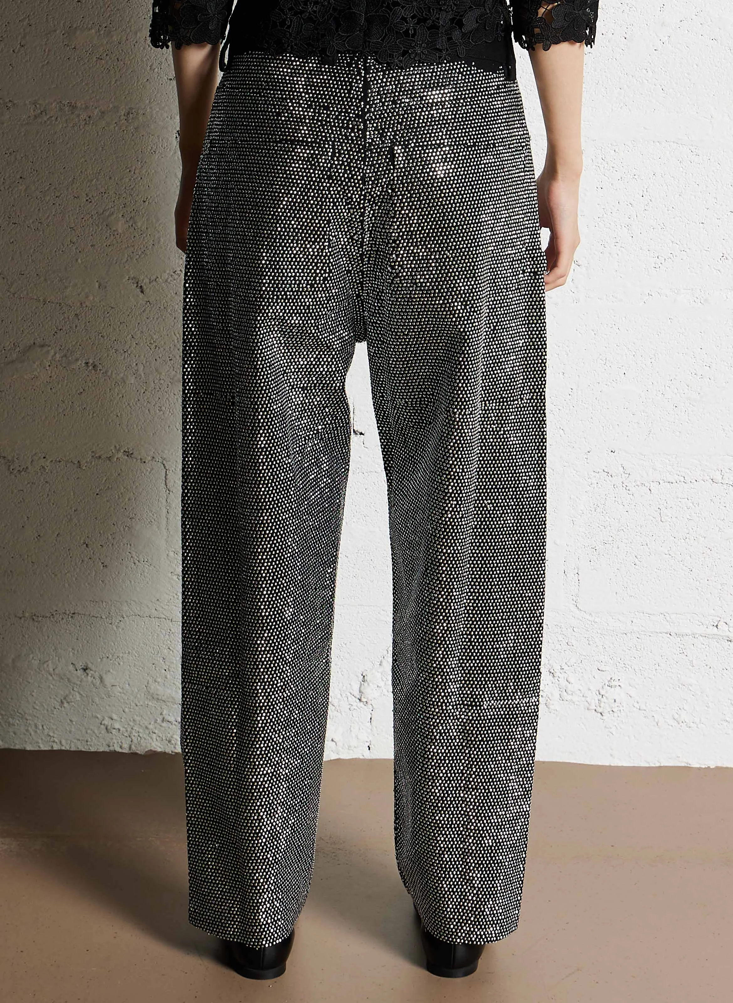 CREME - Pantalon large denim et strass en coton | Noir