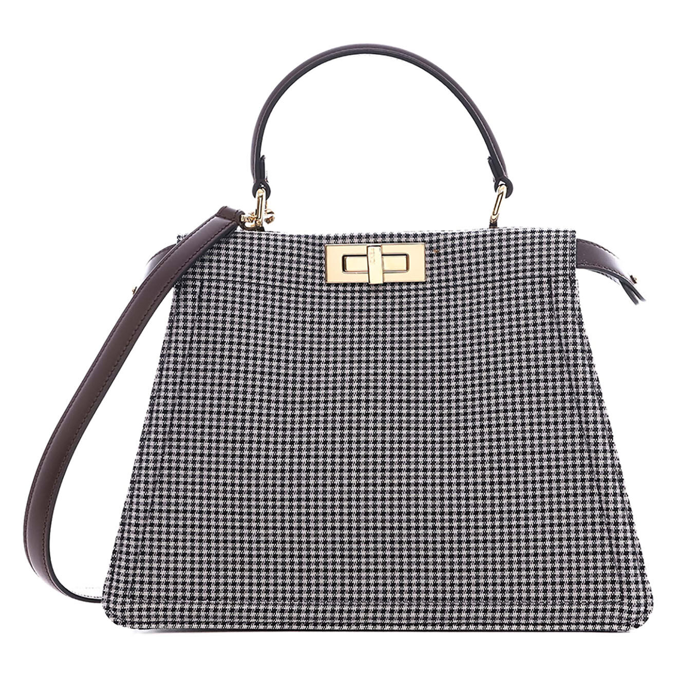 Fendi Sac à main Peekaboo Medium en Toile pied-de-poule & Cuir marron - Neuf avec étiquette - L.31 cm