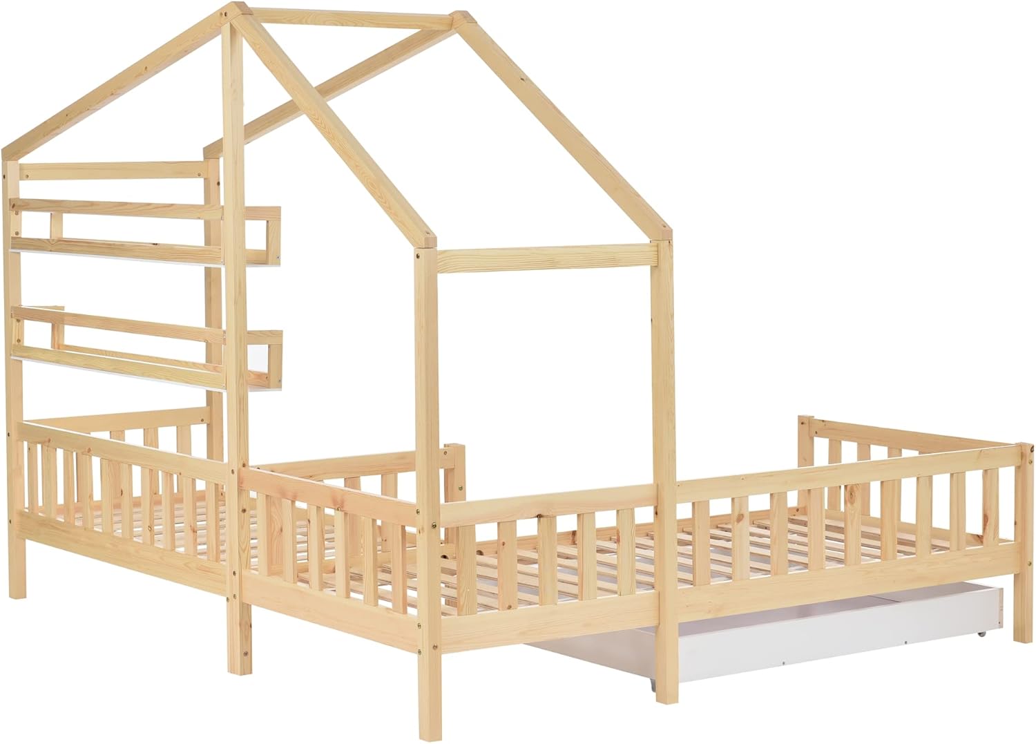 Lexiou Kinderbett Hausbett mit Schubladen und Regalen, Massivholz mit Zaun und Lattenrost, L-Struktur (Natur)