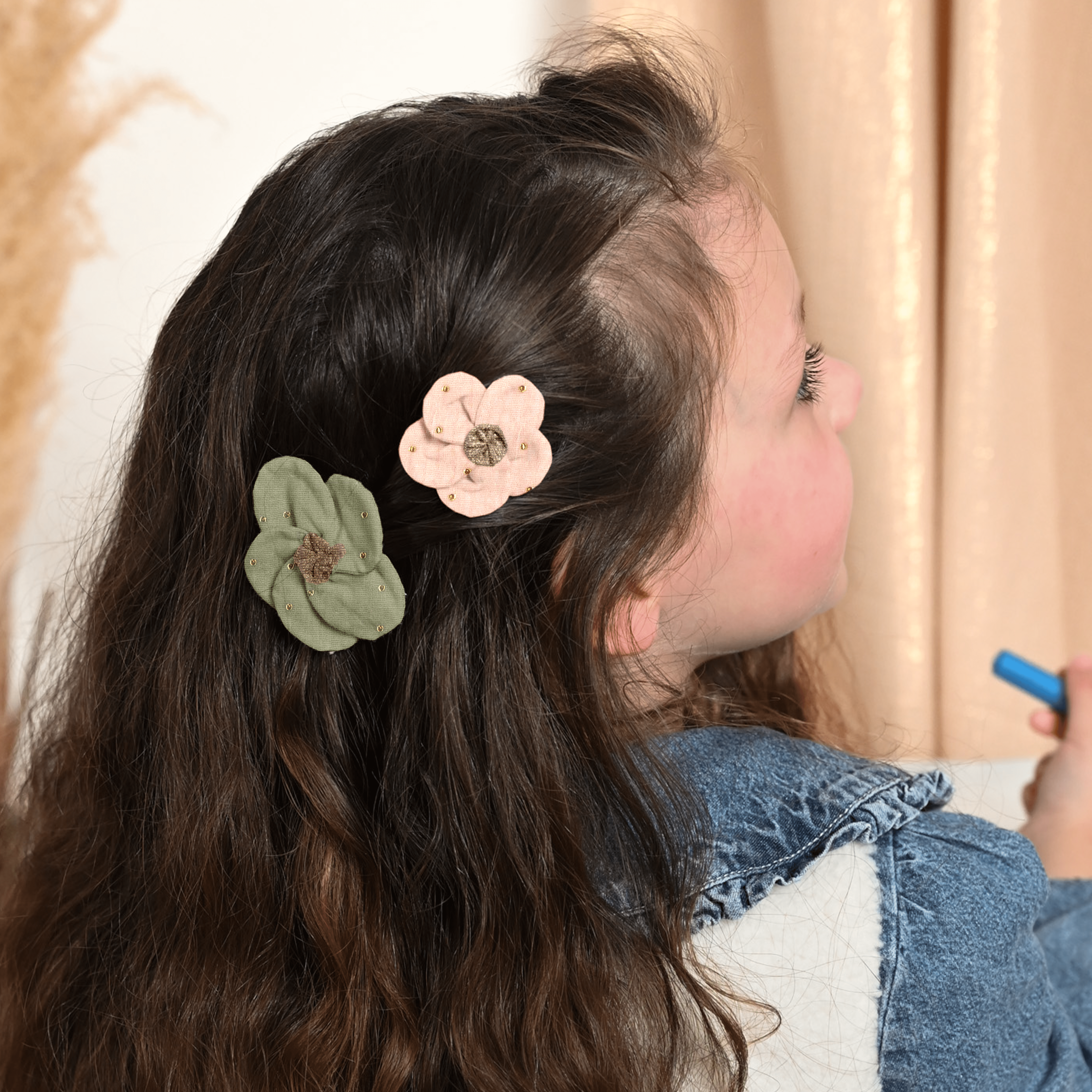 Petite Barrette Pétales De Fleur Gaze Pois Or Vert Amande