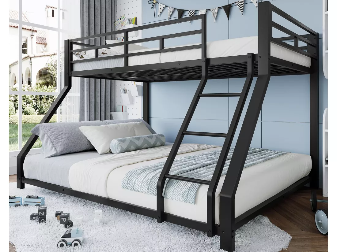 Lit superposé 90x200 + 140x200 cm - avec barrières - avec échelle de sécurité - métal - noir (sans matelas)