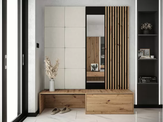 Meuble d'entrée Hartford 322, 205x172x42cm, Miroir, Noir|Chêne Artisan, À poser