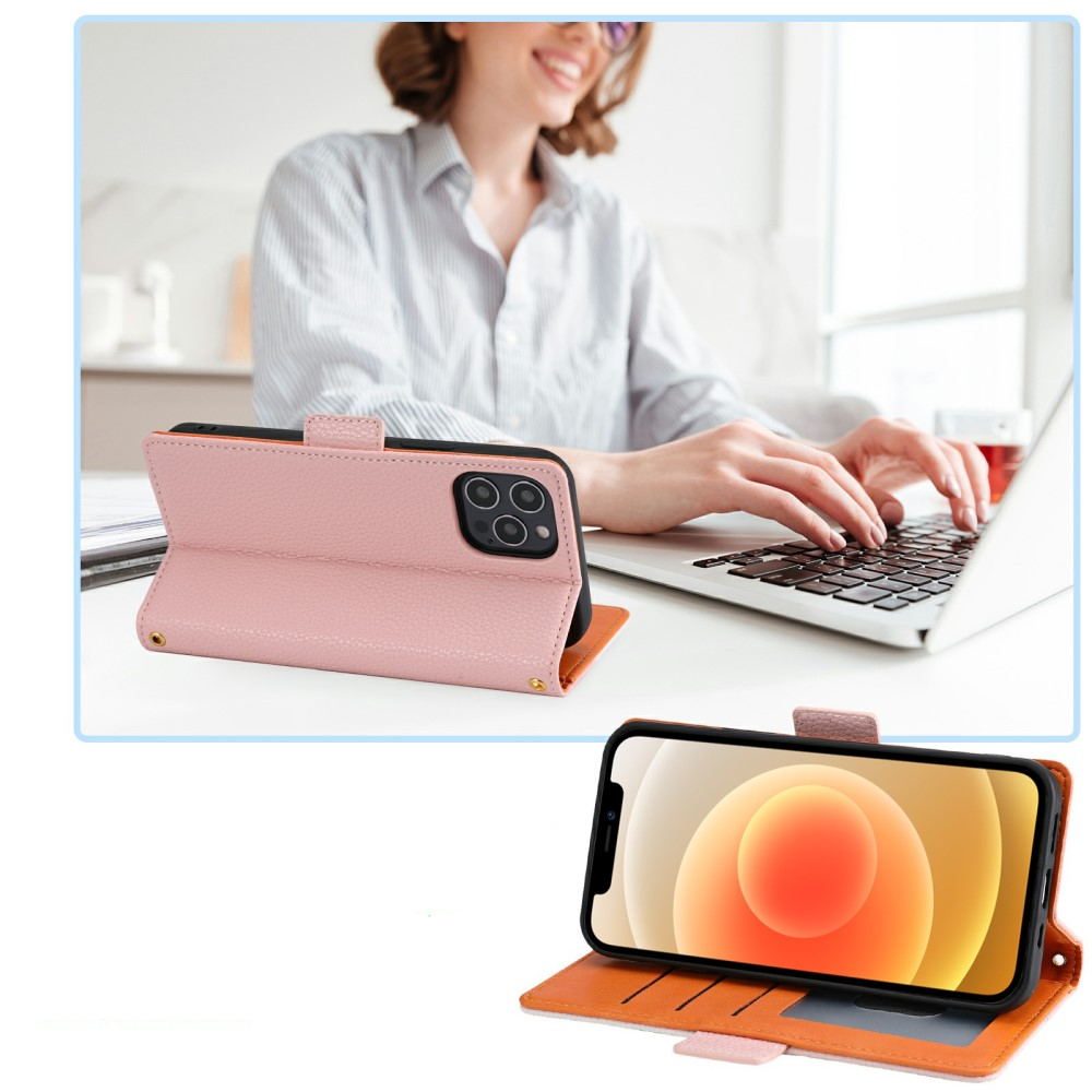 iPhone 13 Pro Leder Tasche Flip Cover Litchi Look mit Kartenfächern Geometrisches Design - Rosa / Weiss
