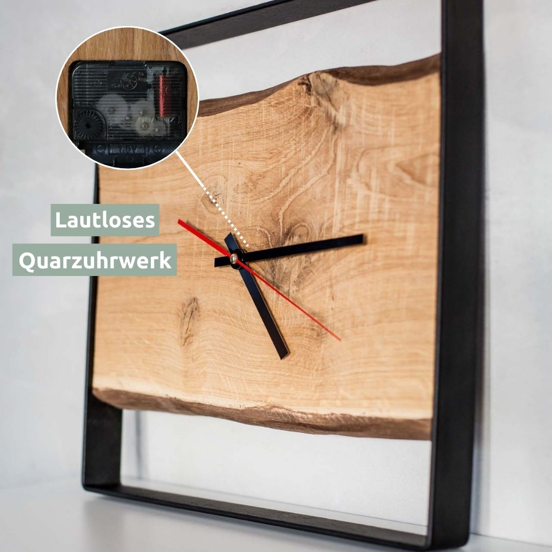 holz4home® Quadratische Wanduhr mit Stahlrahmen aus massiver Eiche von holz4home® | ohne Nuten