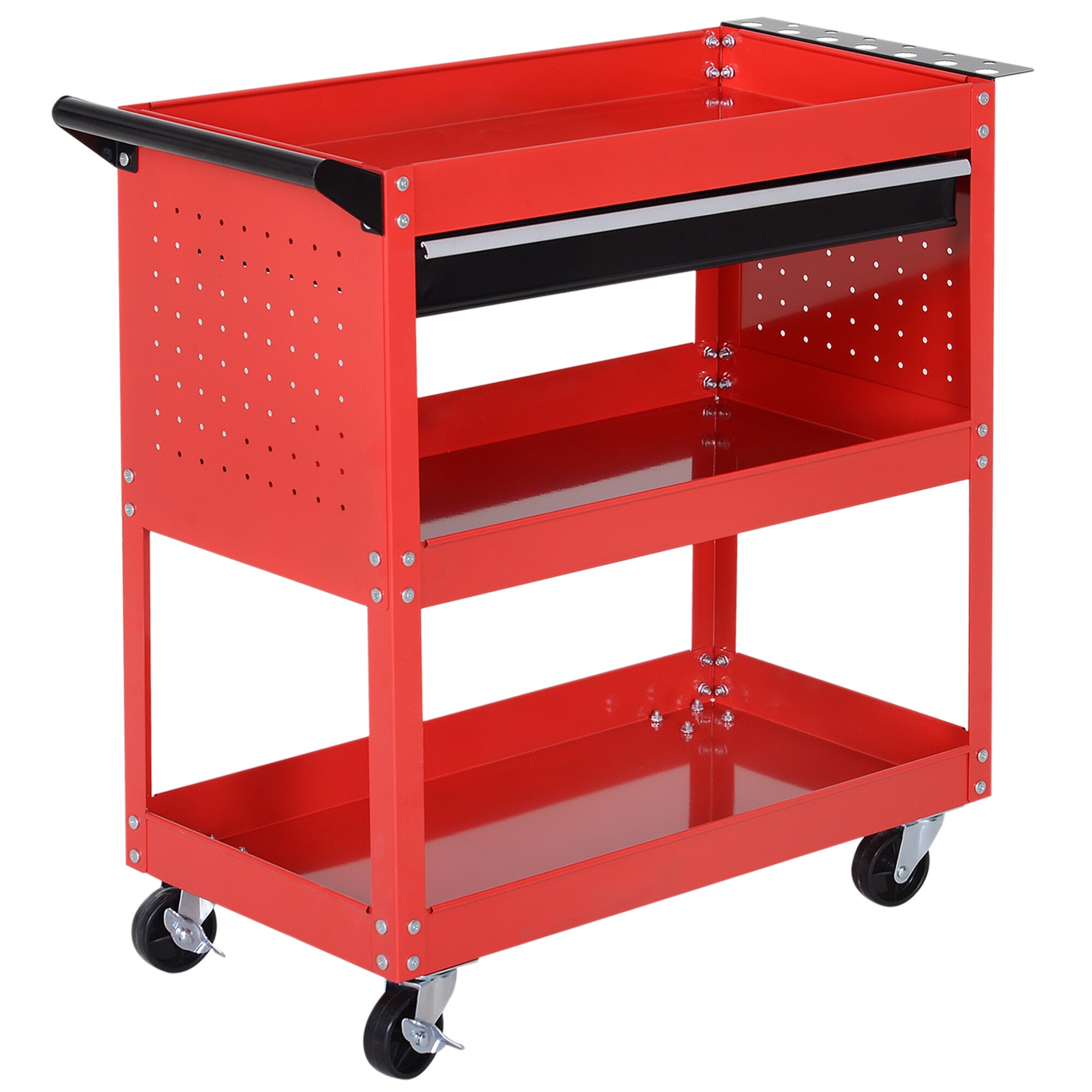 HOMCOM Werkstatt-Rollwagen mit Schublade und 3 Ebenen schwarz, rot 82L x 35B x 76H cm