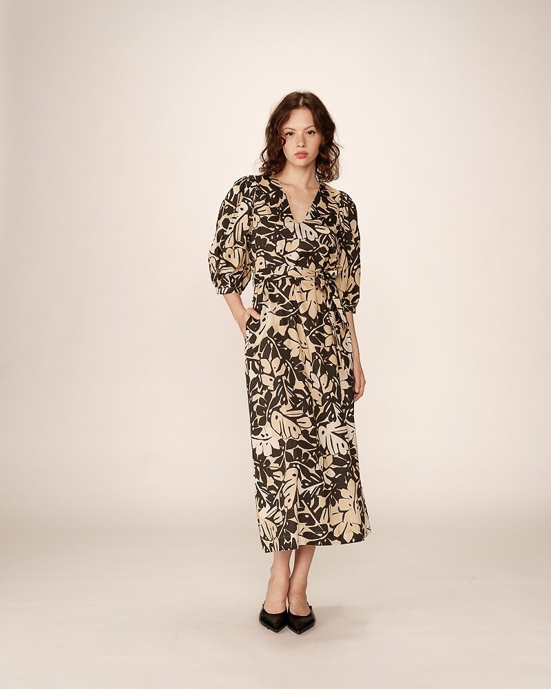 GRACE & MILA<br>Vestido longo com mangas 3/4, estampa tropical, PIERINO
