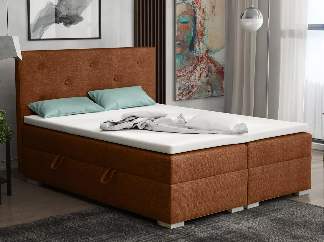 Lit Boxspring avec tiroirs de lit, Coffre de lit Topper Atlanta 180x200 cm, Lux 11 (Rouge rouille)