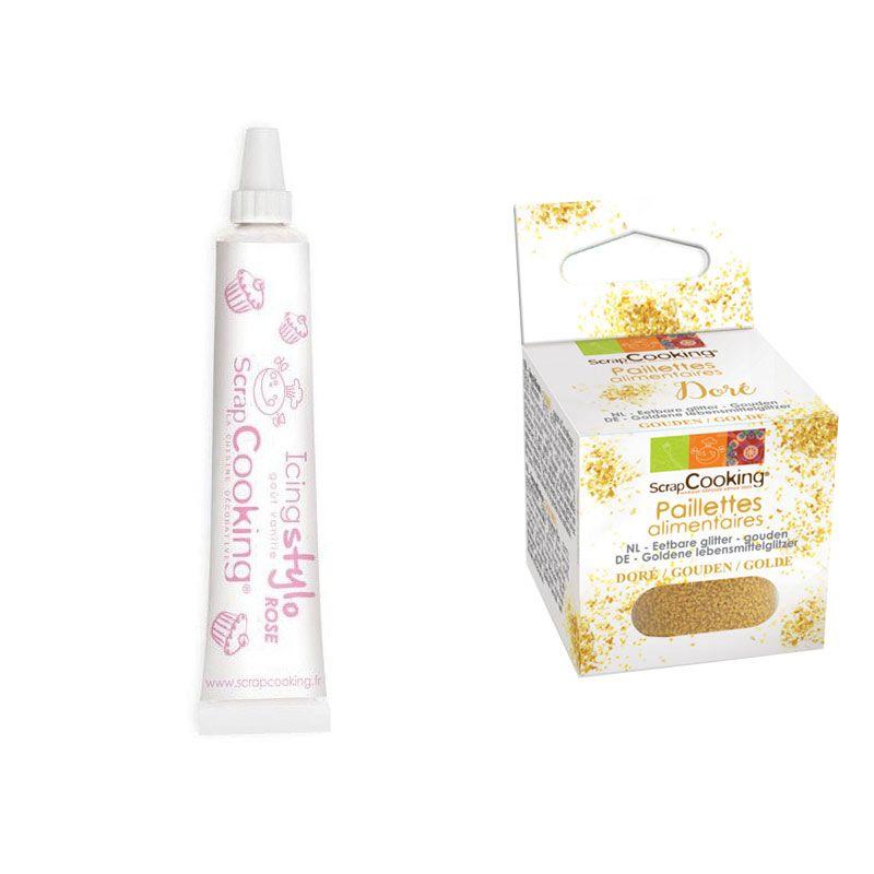 Stylo glaçage rose goût vanille + paillettes dorées Scrapcooking