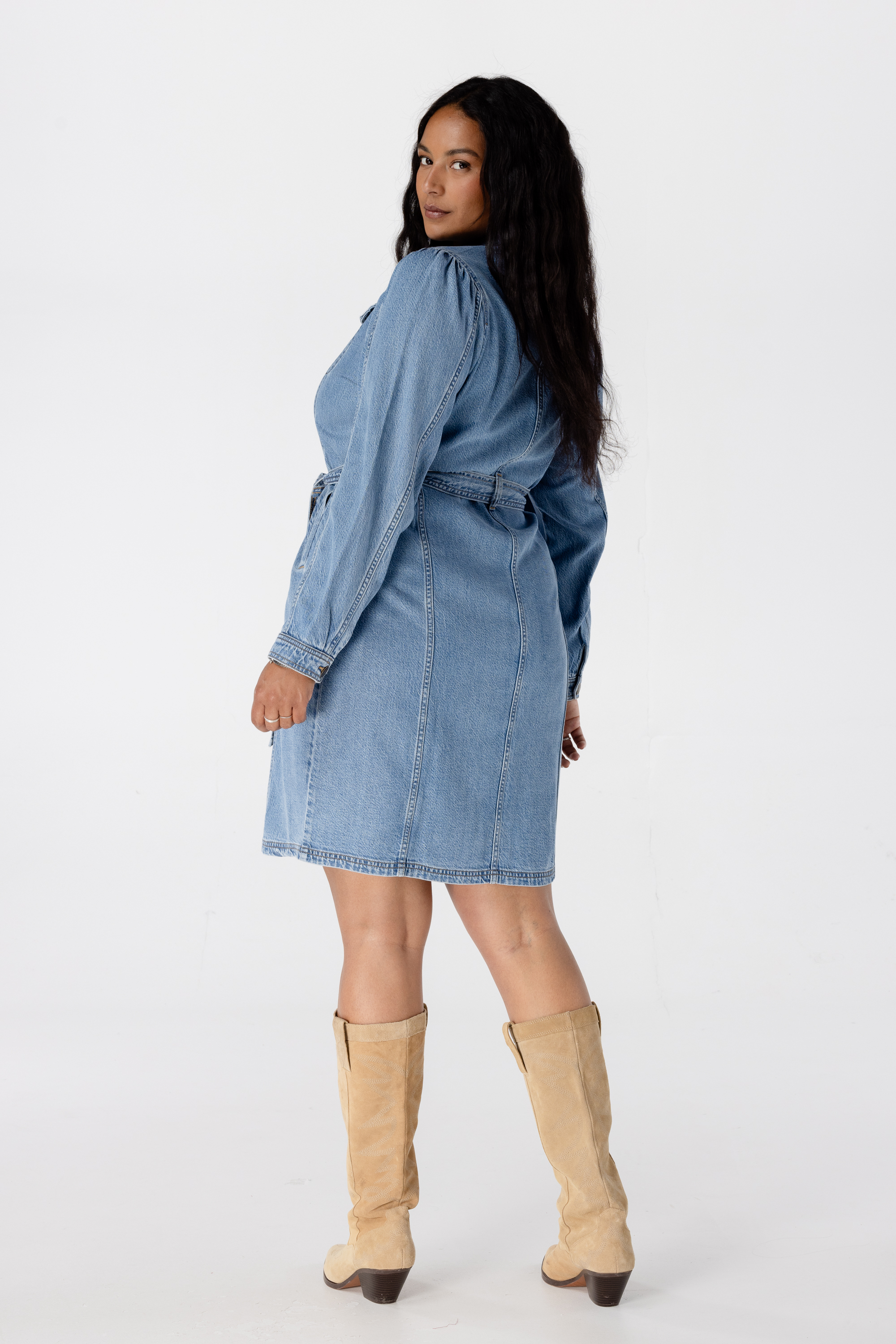 Denim jurk met strikceintuur Stonewash Denim