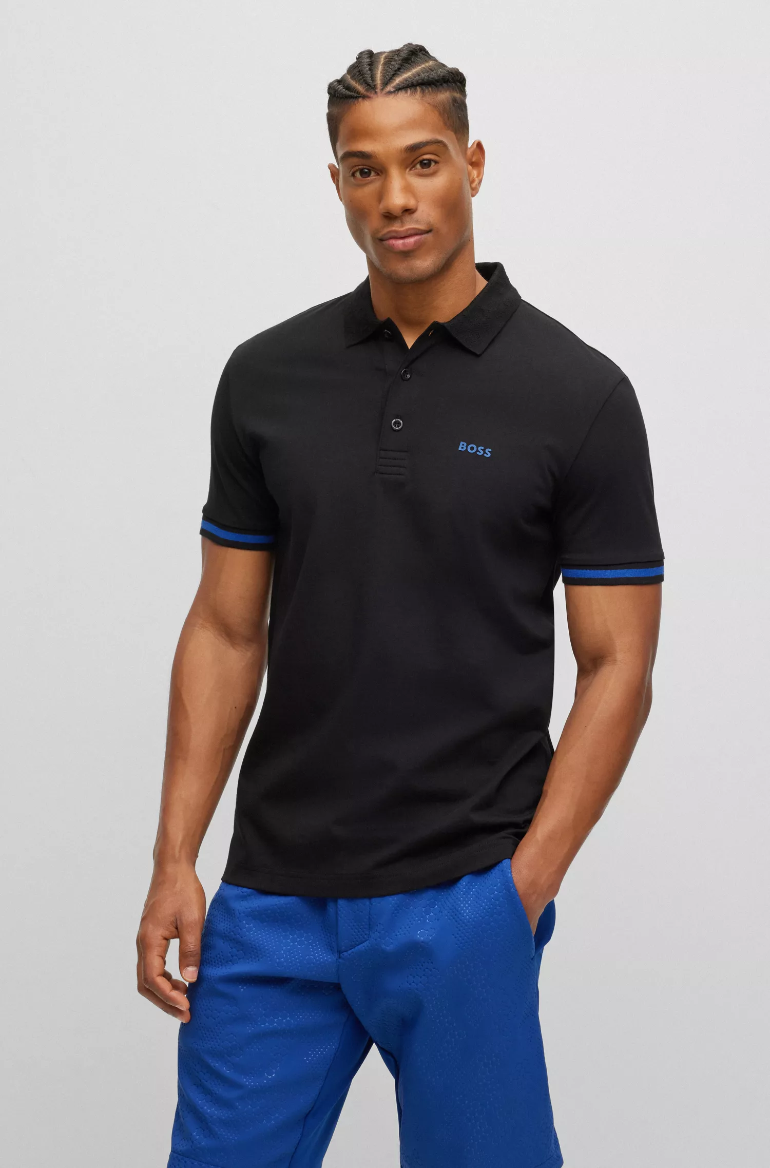 Camisa polo BOSS verde em malha de algodão com gola jacquard.