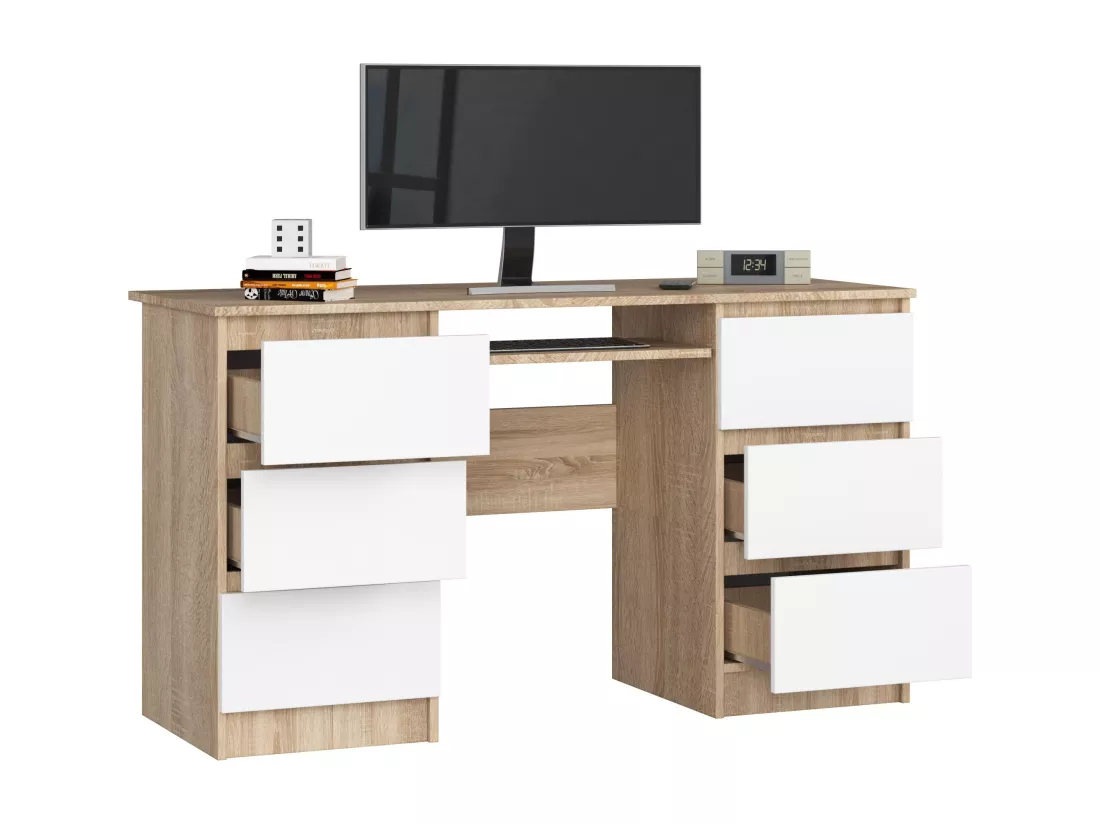 Bureau d'ordinateur AKORD A11 Chêne Sonoma 135 cm 6 tiroirs façade Blanche 135x50x77 cm
