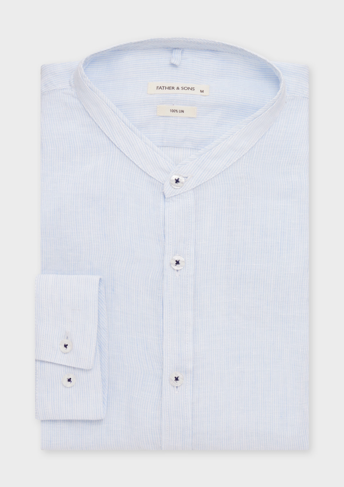 Chemise sport Slim en lin blanc à rayures bleu ciel à col officier