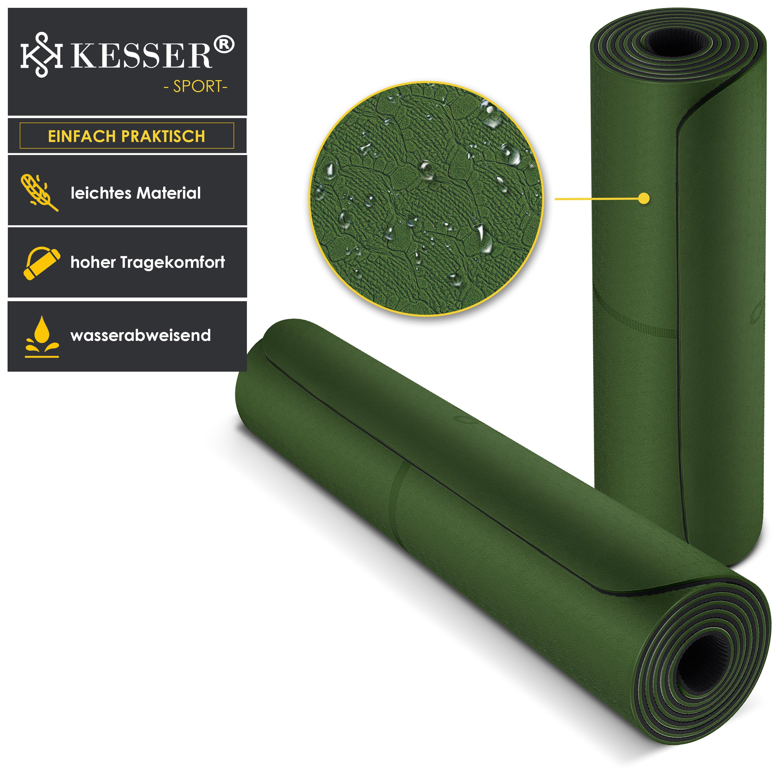 KESSER® Gymnastikmatte mit Tragegurt rutschfest TPE Yogamatte Gepolstert & rutschfest Fitnessmatte , 183 x 61Trainingsmatte für Fitness Sportmatte, Pilates & Gymnastik Workout extradick