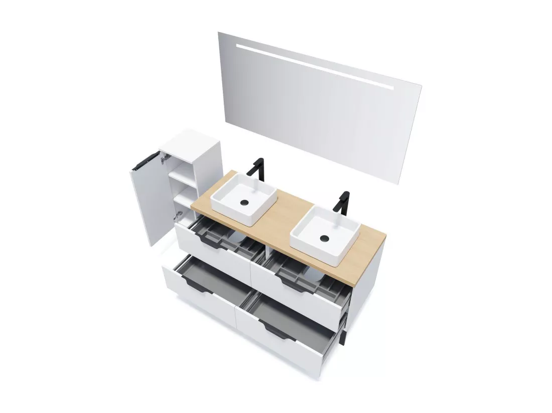 Meuble de salle de bain suspendu 2 vasques à poser 140cm 4 tiroirs Blanc - Soho