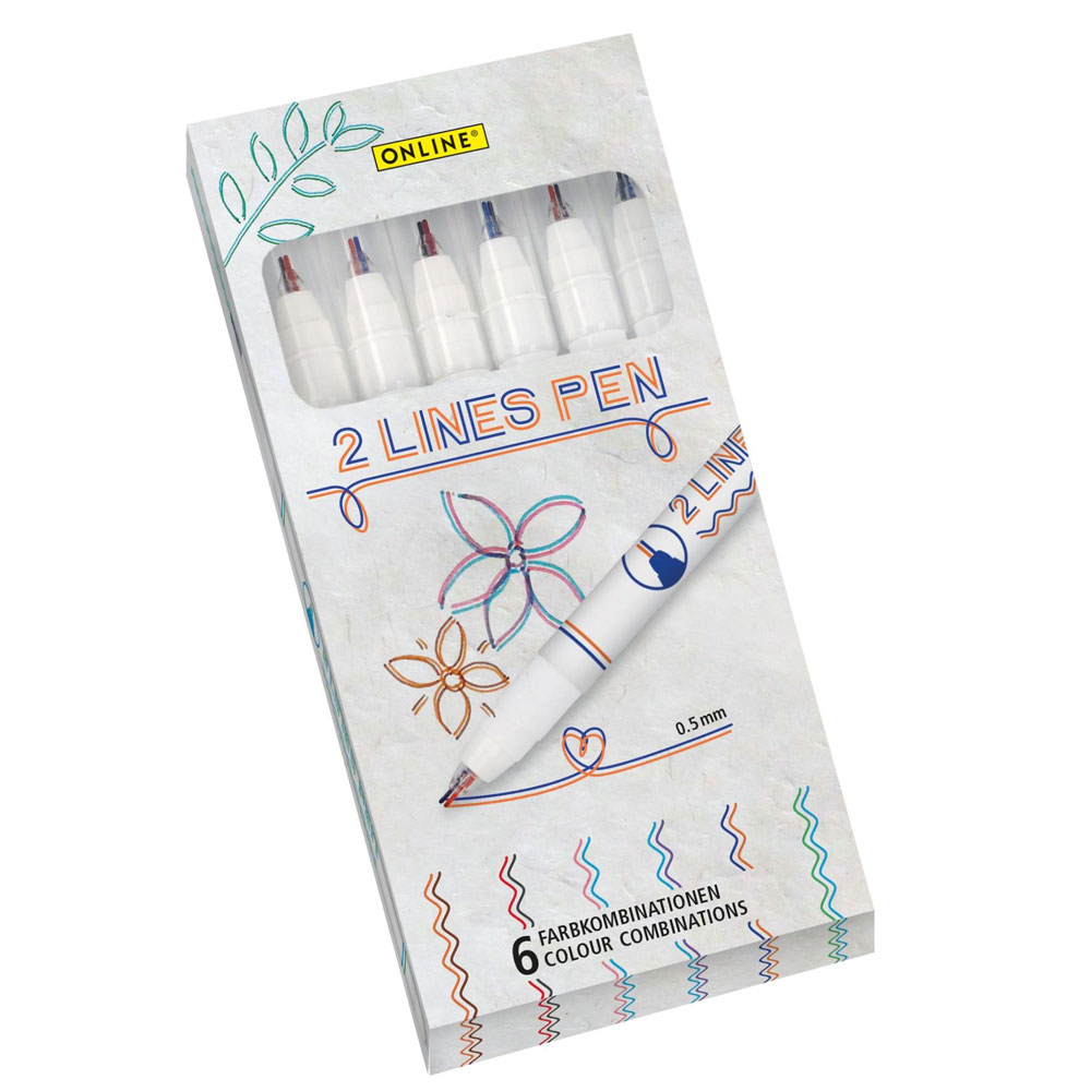 (6er Set) 2 Lines Pen Fineliner mit Doppelspitze Handlettering Mal Stifte (18617) - Bunt