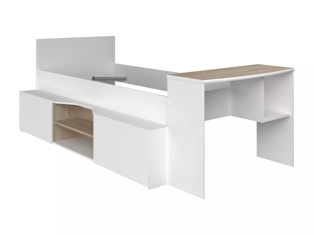 Lit combiné 90 x 190/200 cm avec bureau et rangements - Blanc et naturel - JOCHIANE