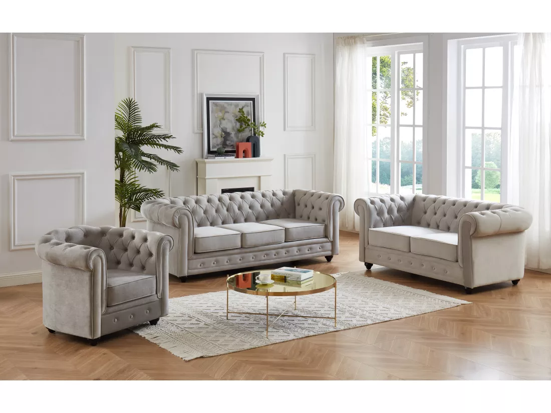 Canapés 3 places 2 places et un fauteuil CHESTERFIELD - Velours gris clair