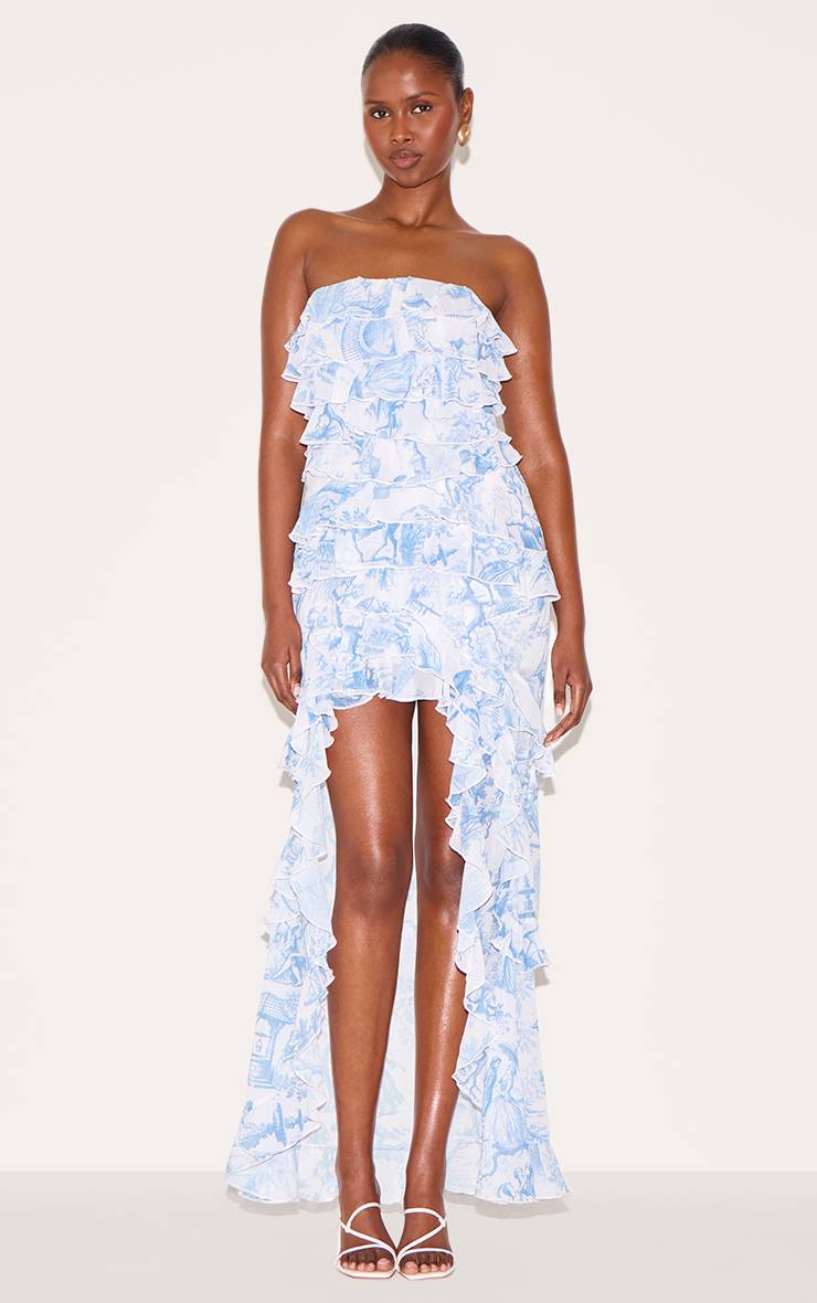 Bleu Robe Longue Bustier À Volants Imprimée