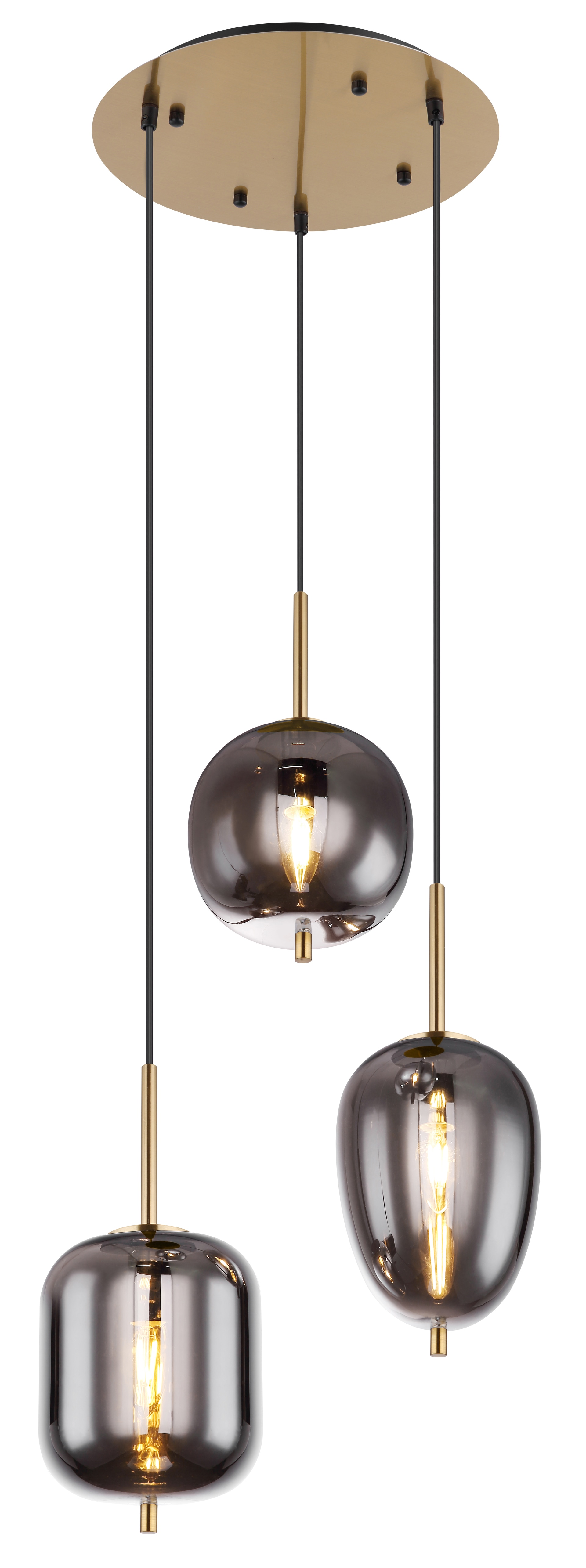 GLOBO Retrofit Pendelleuchte BLACKY 3-flg messingfarbig /rauchfarbig