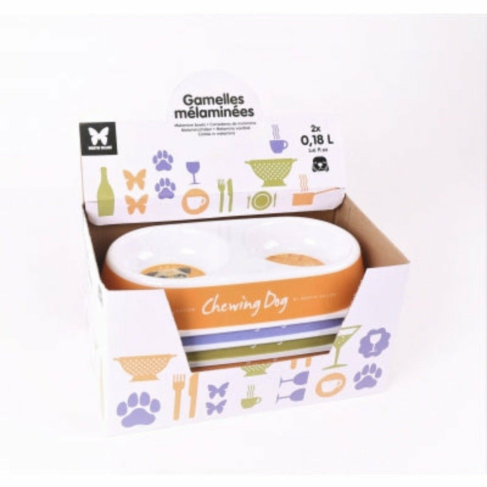 Lot de 6 gamelles doubles en mélamine pour chiens collection chewing dog