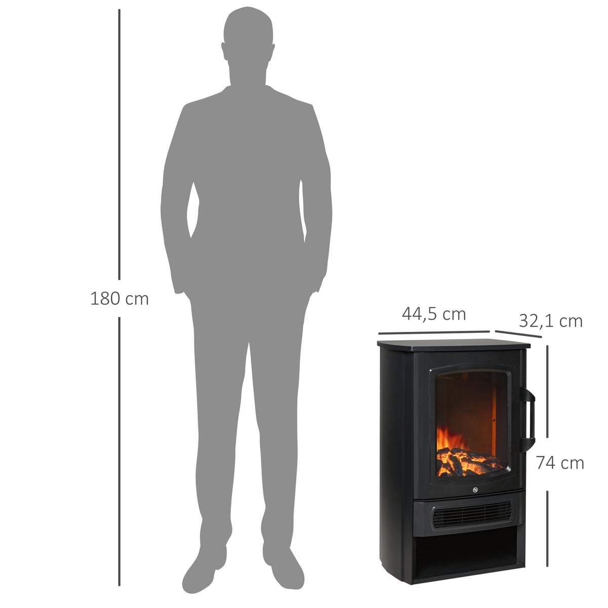 HOMCOM Elektrische haard met vlameffect, 1000 W/2000 W, 20-25 m², 44,5 x 32,1 x 74 cm, metaal, gehard glas, zwart