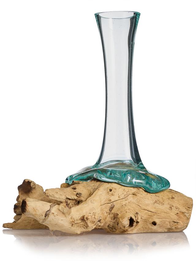 Teakholz mit Glasvase, hoch ca. 25 cm