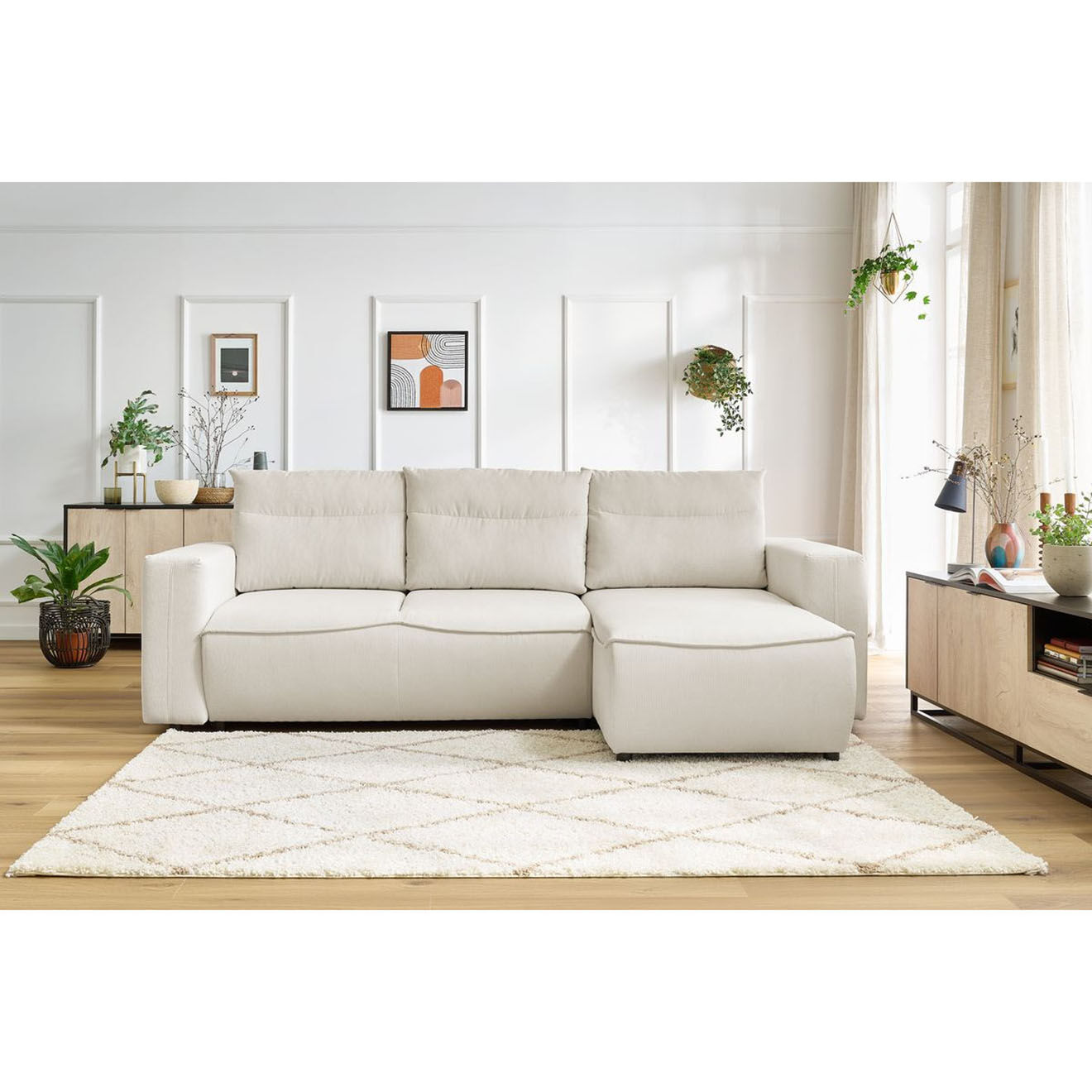 Bobochic Canapé d'angle droit convertible coffre jasmin velours côtelé beige - 256x158x90 cm