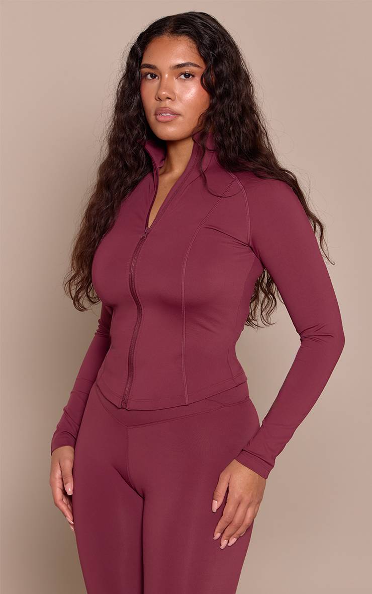 Rouge Bordeaux Veste Zippée À Manches Longues Sculptante Avec Détails De Coutures