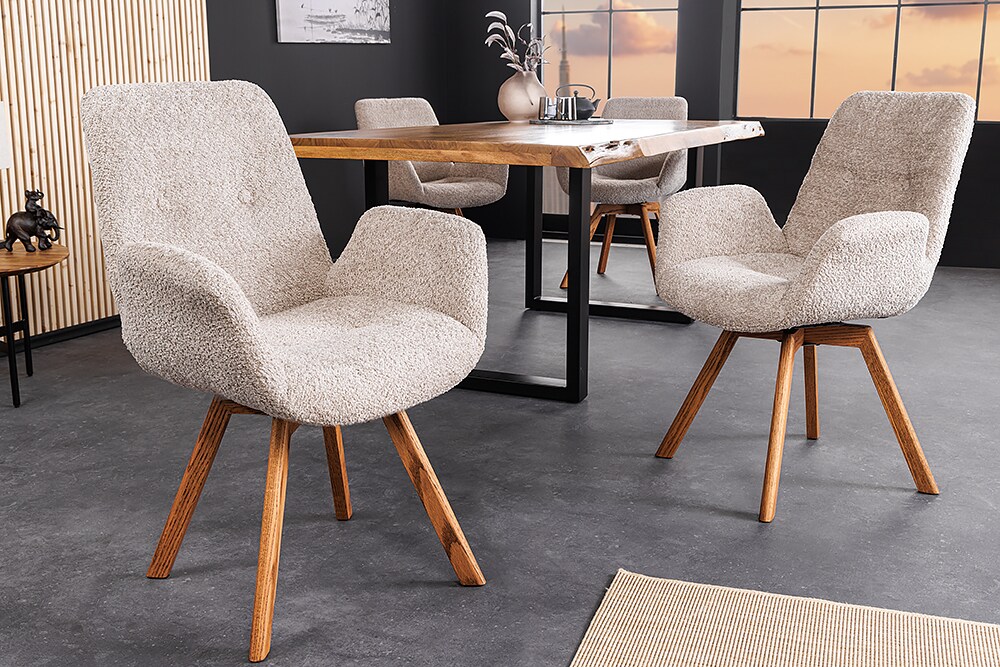 riess-ambiente Stuhl BALTIC - drehbar beige Bouclé natur Eiche Massivholz-Beine mit Armlehne