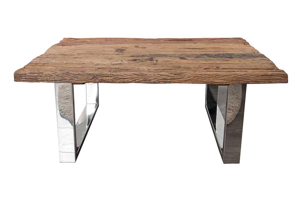 Eindrucksvoller Couchtisch BARRACUDA 110cm antik Teakholz mit Kufengestell und Glas