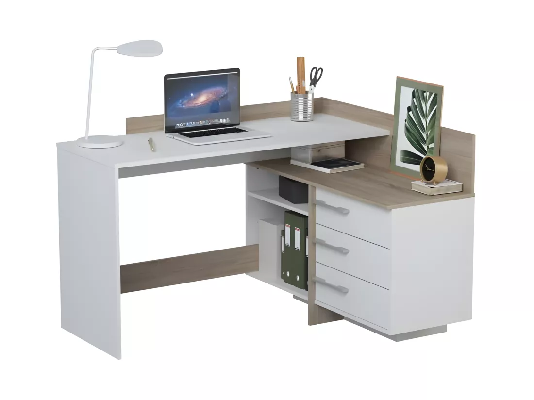 Bureau d'angle 3 tiroirs - Décor chene et blanc - L 128,5 x P 105,7 x H 83,2 cm - THALES