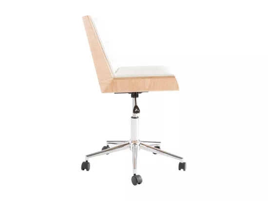 Chaise de bureau à roulettes design blanc, bois clair et acier chromé MELKIOR