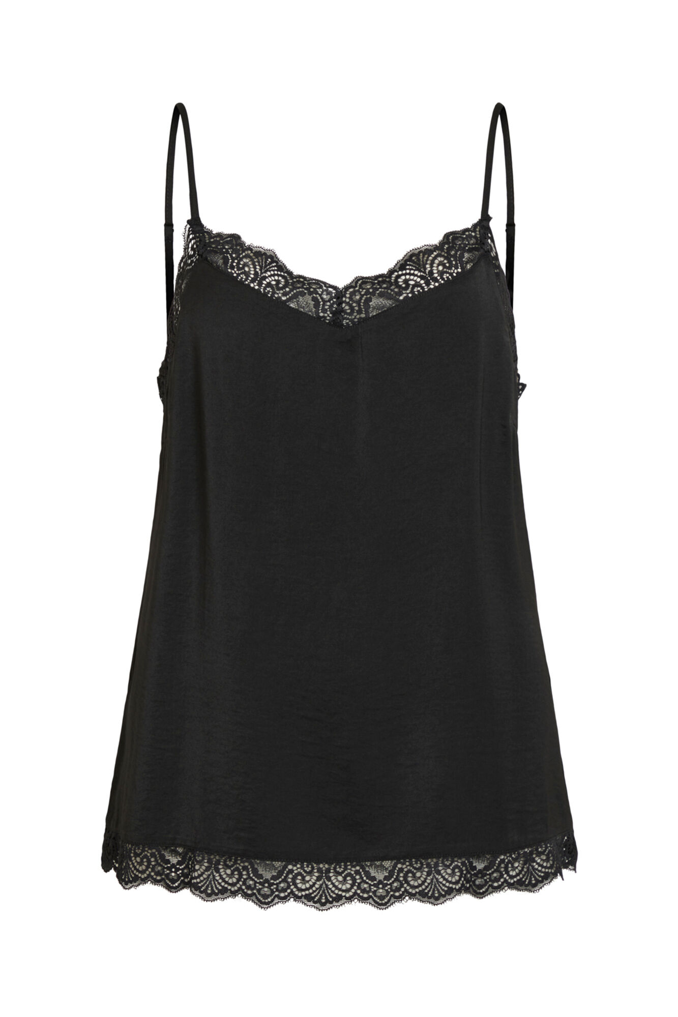Top feminino de alças finas com detalhes em renda - Preto