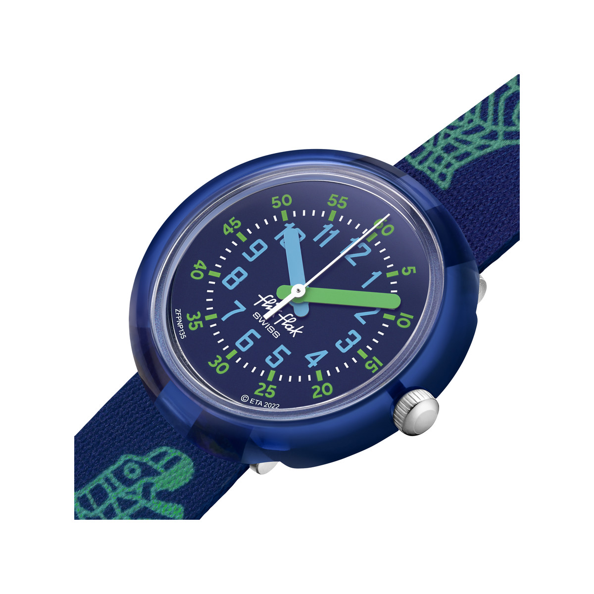 Montre FLIK FLAK Gameland Cyberozaurus enfant plastique biosourcé bracelet PET recyclé bleu