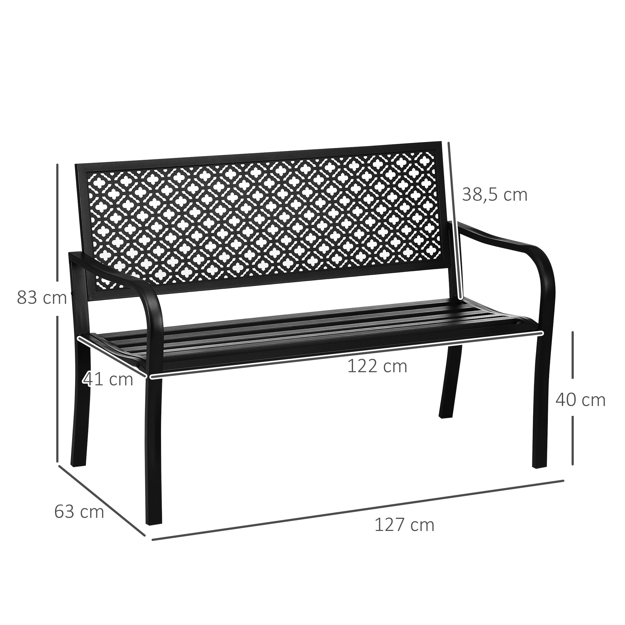 Banco de jardim Outsunny em aço, banco externo de 2 lugares com encosto decorativo estampado para terraço, varanda e pátio, capacidade de carga de 240 kg, 127 x 63 x 83 cm, preto