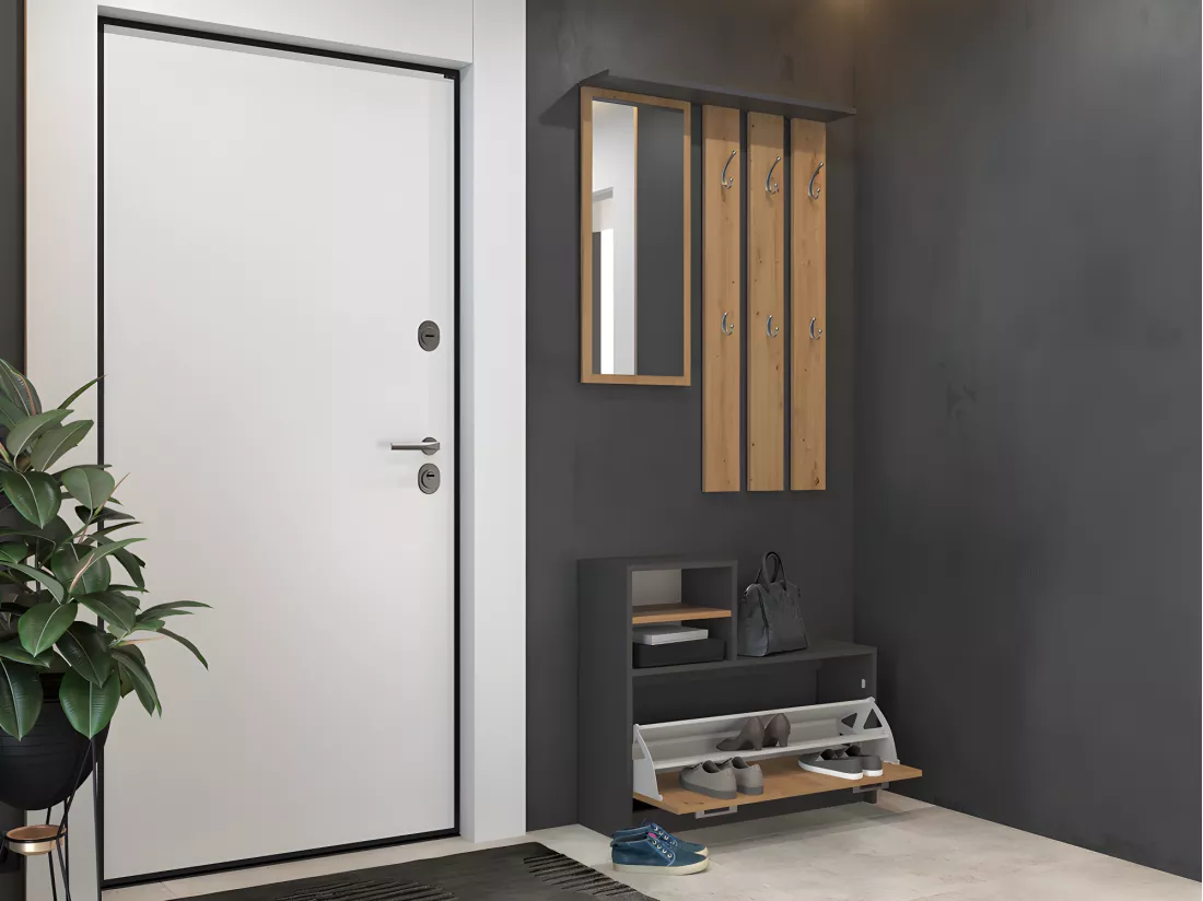 VITTORIA - Vestiaire d'entrée - Patère murale + miroir + rangement chaussures - 180x85x24 - Meuble d'entrée