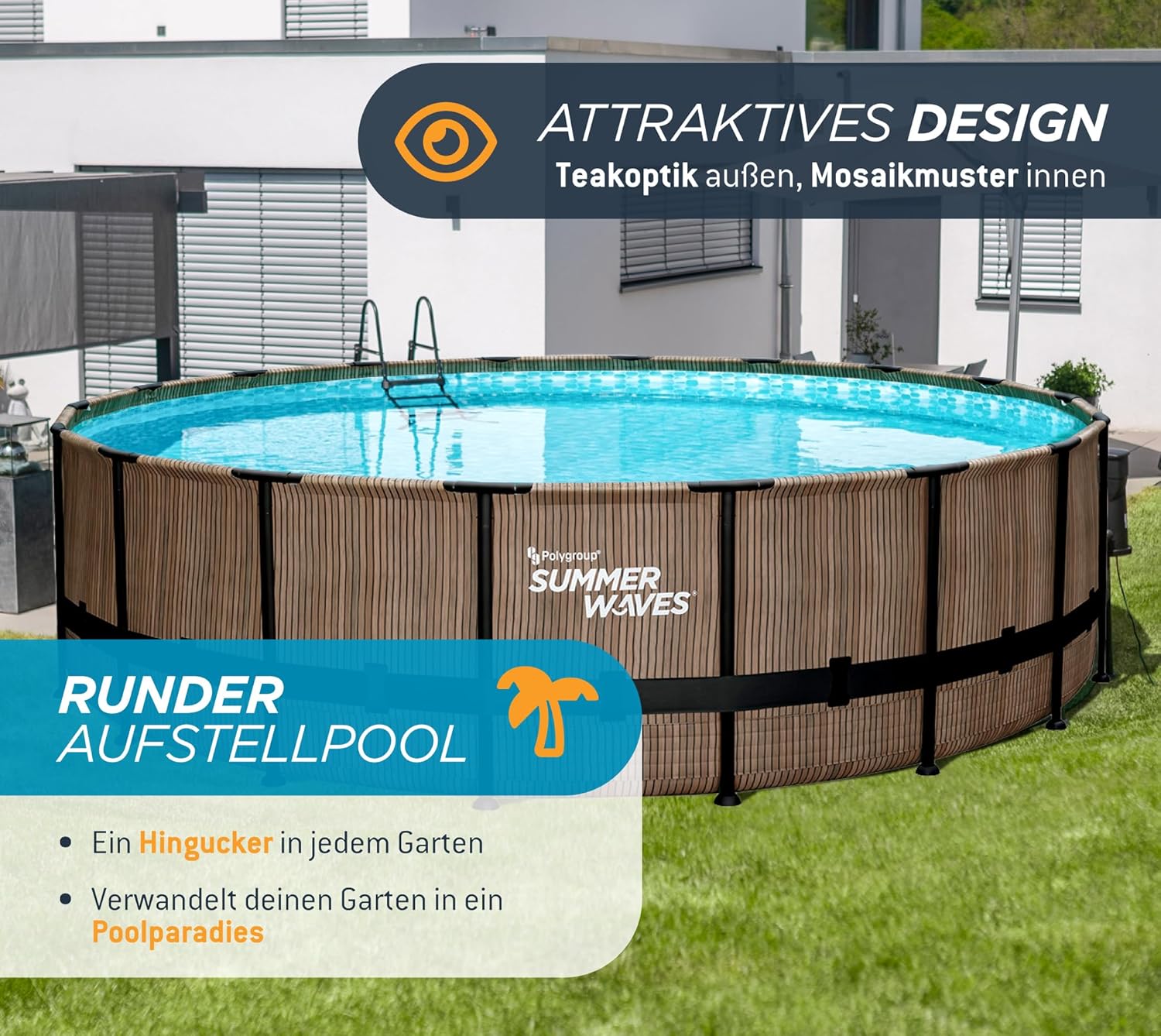 Summer Waves Frame Pool Komplettset | Rund 549x132 cm Teak Optik Braun | Aufstellpool Set | Gartenpool & Schwimmbecken inkl. Filterpumpe, Einstiegsleiter, Abdeckplane, Bodenvlies & Reinigungsset