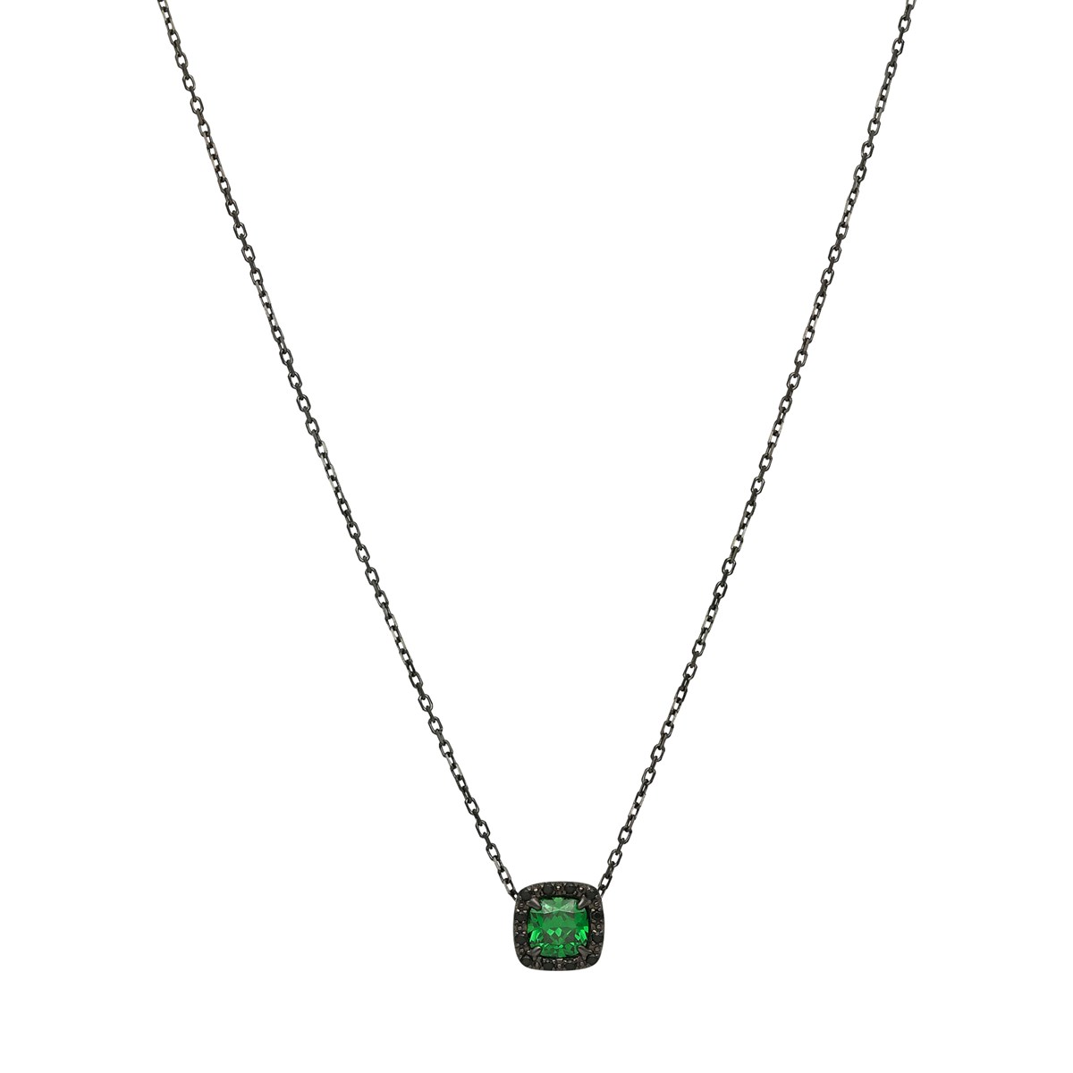 Collier Argent Noir Solitaire Carre Vert