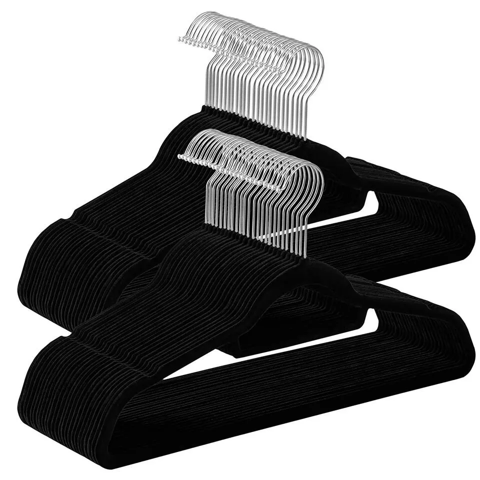 Set van 50 kleerhangers - Fluweel - Anti-slip - Kapstokken met Broeklat - Zwart