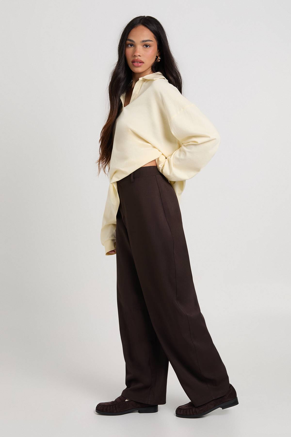 boohoo Pantalon Jambe Tonneau en Tissu Chiné Tissé