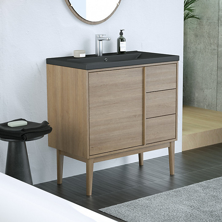 Ensemble meuble sous vasque placage bois Kabayan + plan vasque céramique noir Nira l.80 cm