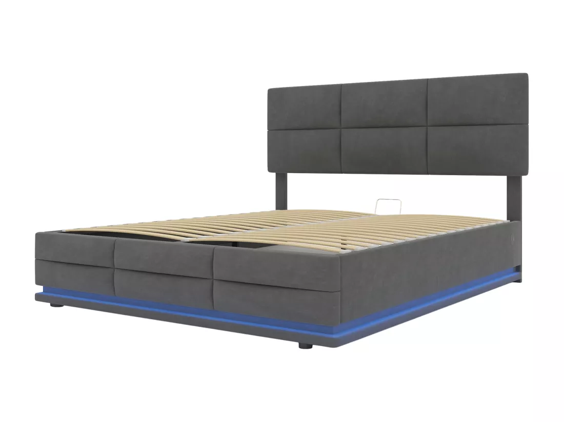 Lit coffre lit double capitonné hydraulique 160 x 200 cm en velours doux pour la peau avec lumières LED et chargeur USB, gris