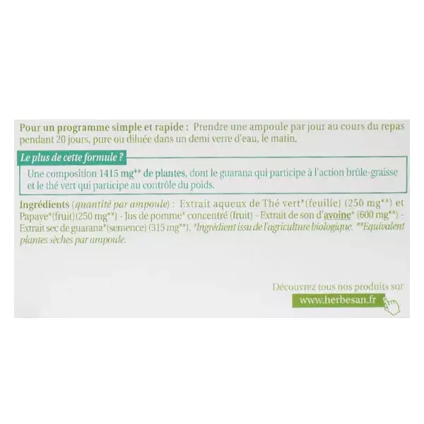 Herbesan Guarana Brûle-Graisse Bio 20 ampoules 15ml