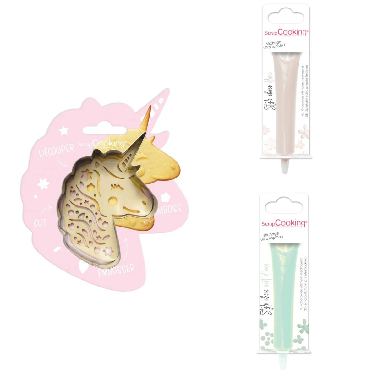 Kit pour biscuit en relief Licorne + 2 Stylos au chocolat blanc et ver