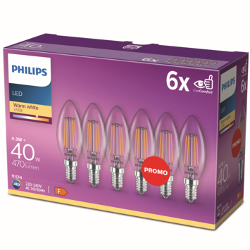 Philips LED kaars E14 40W 6 stuks filament helder niet dimbaar