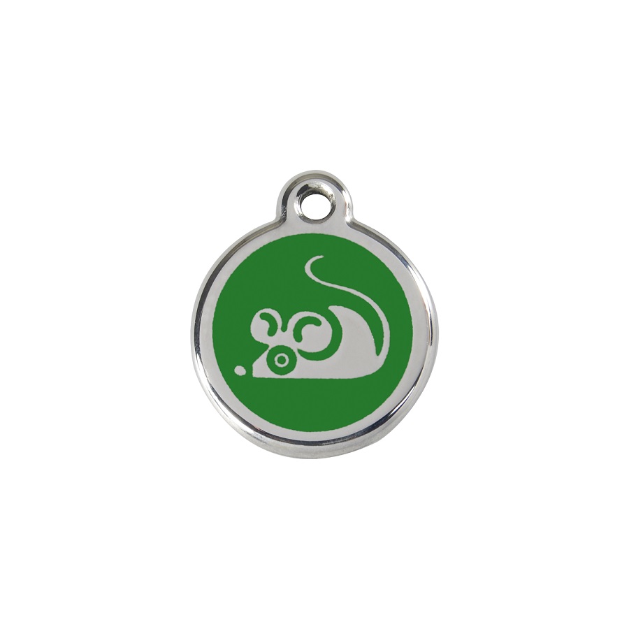 Etiqueta de identificação para gato em aço inoxidável esmaltado verde com desenho de rato.
