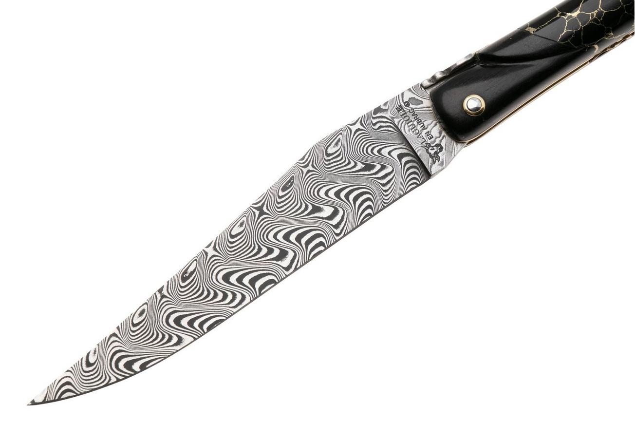 Laguiole en Aubrac Ebony, Onyx Gold Inlay, Handcarved Gold Brass Plates, Balbach Damascus, zakmes, 12 cm