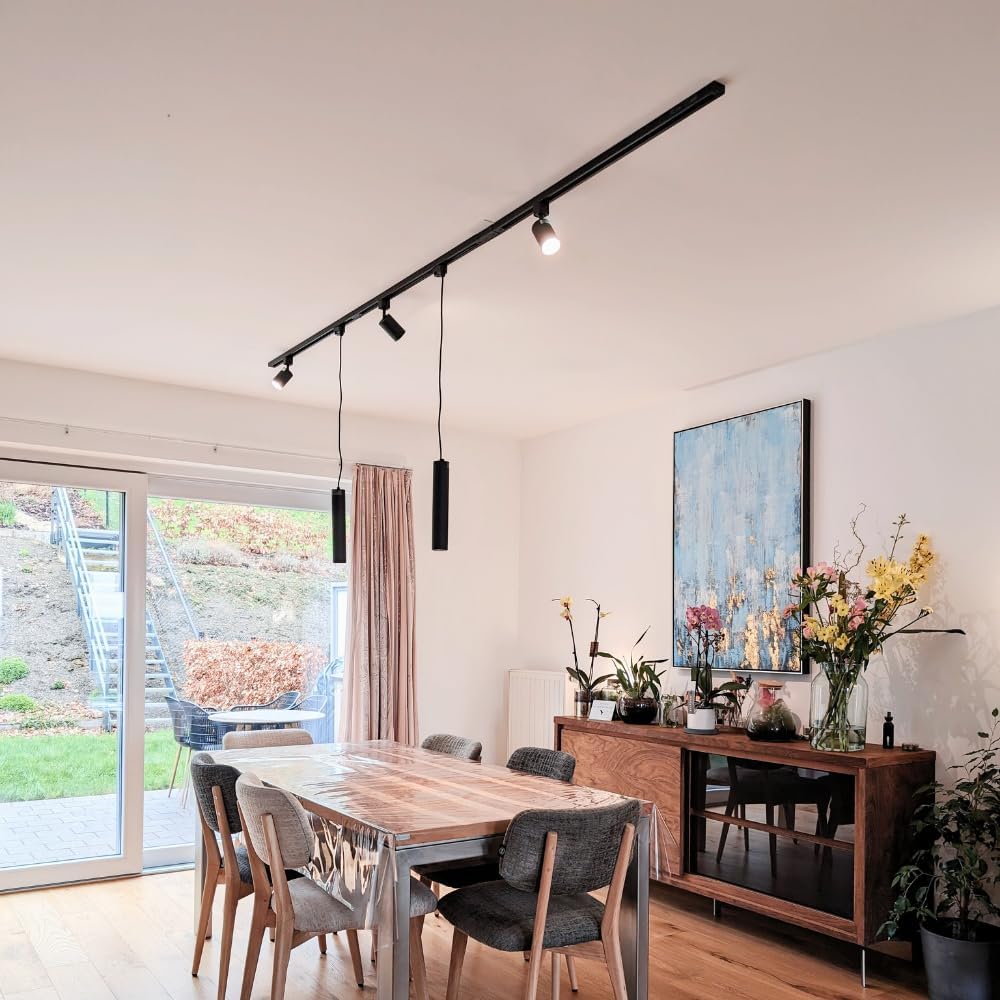 QUB FOCUS III Spotbalken - 3-flammig, Schienensystem für Innenbeleuchtung, 2m Schienen, Schwarz - Flexibles Komplett-Set mit 3 Spots und 2 Pendelleuchten, GU10 Kompatibel
